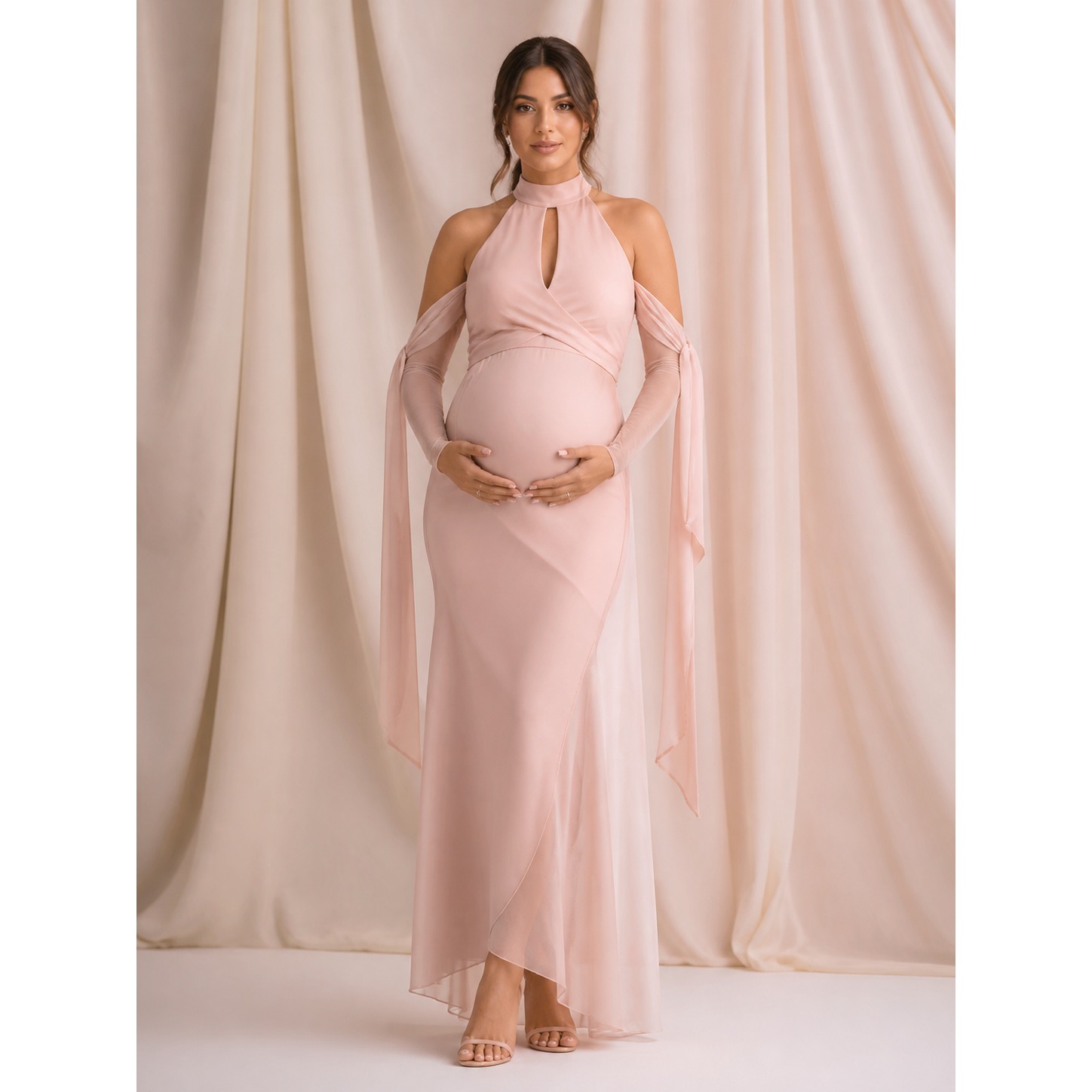 Maxi Dress Halter - Abito Premaman Rosa Cipria con Scollo
